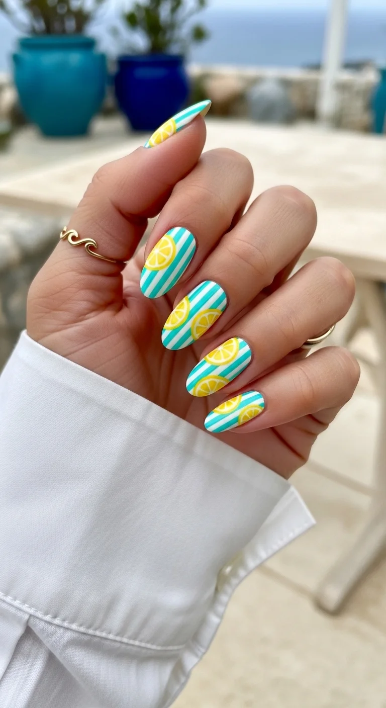 Almond nails with vertical teal and white stripes topped with hand-painted lemon slices.