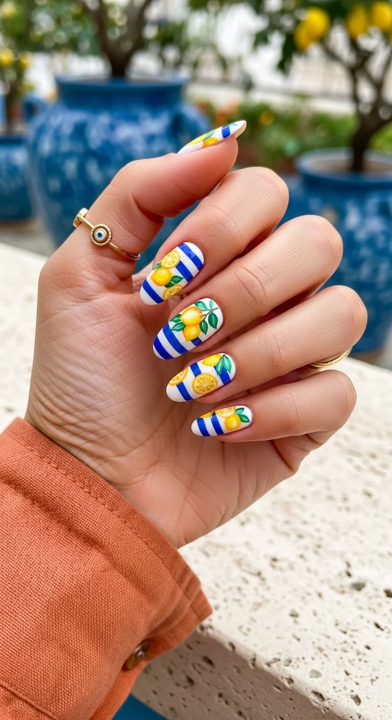 Almond nails with horizontal blue and white stripes and hand-painted lemons with green leaves.