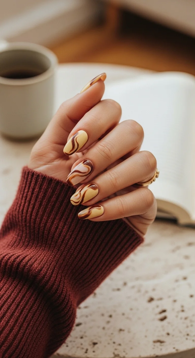 Almond nails with a muted yellow base and abstract brown and caramel swirls.