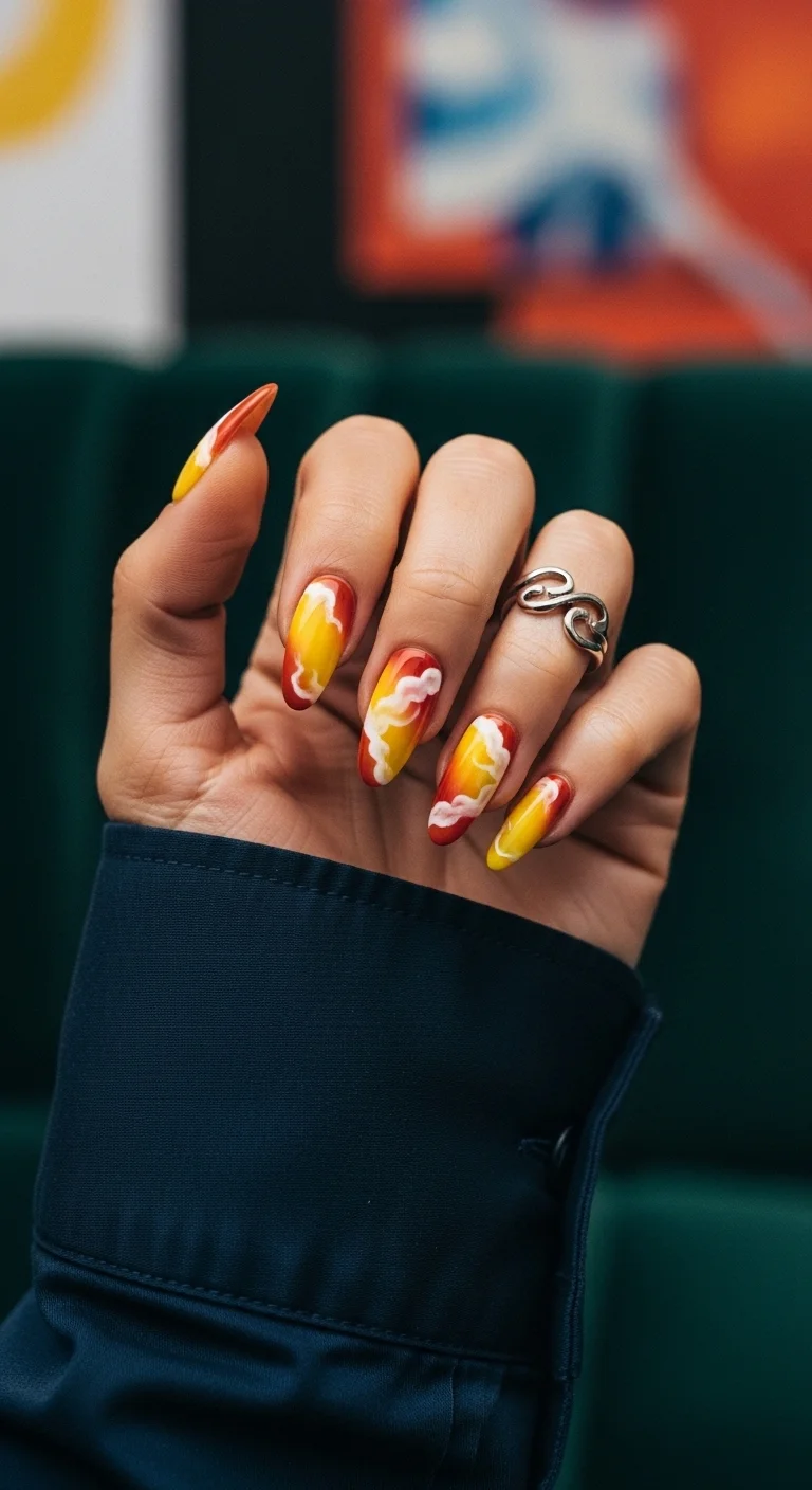 Almond nails with a red, orange, and yellow sunset ombre and white fluffy clouds.