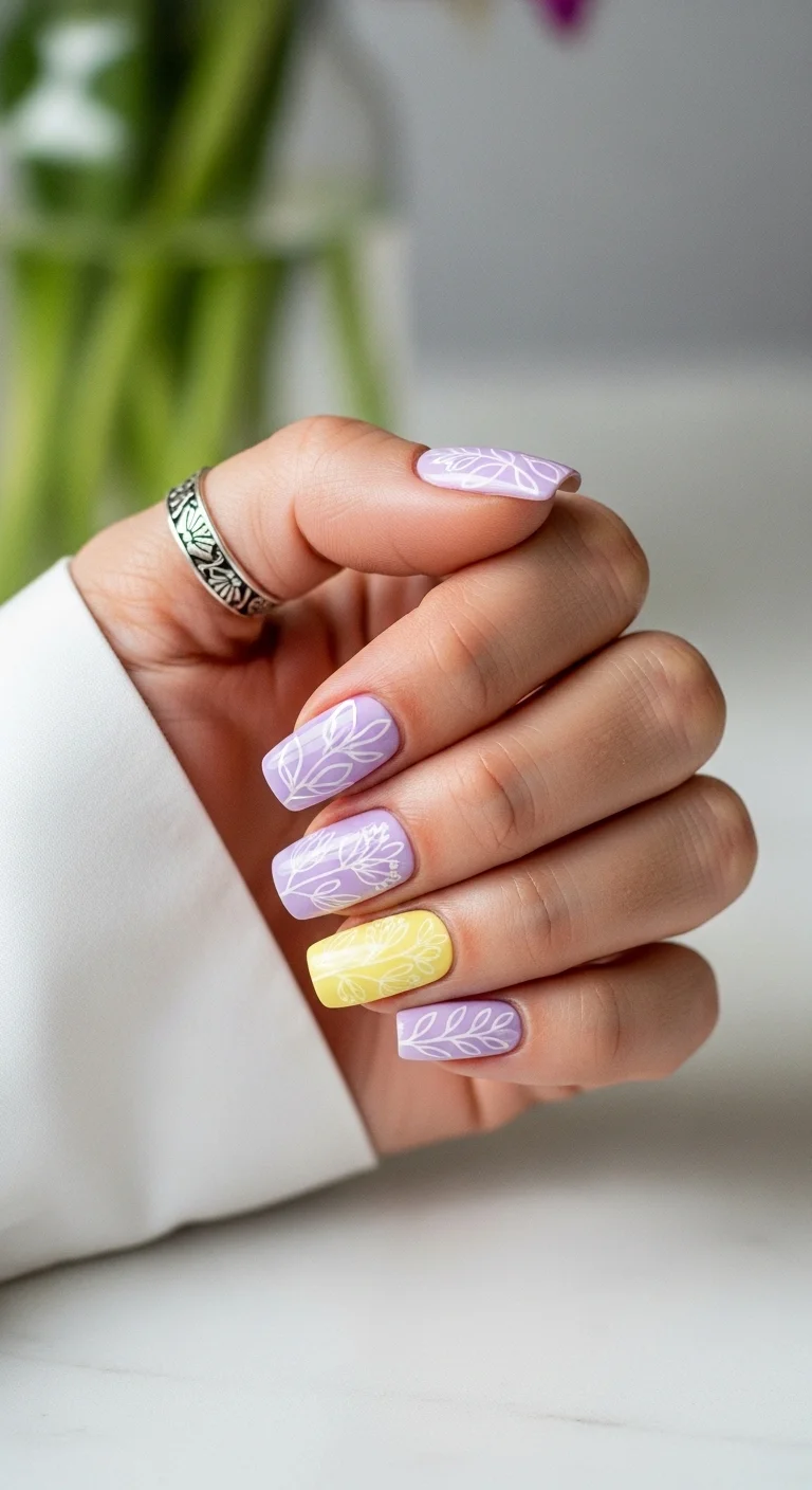 Square nails with a mix of lavender and yellow bases featuring white line-art leaves.