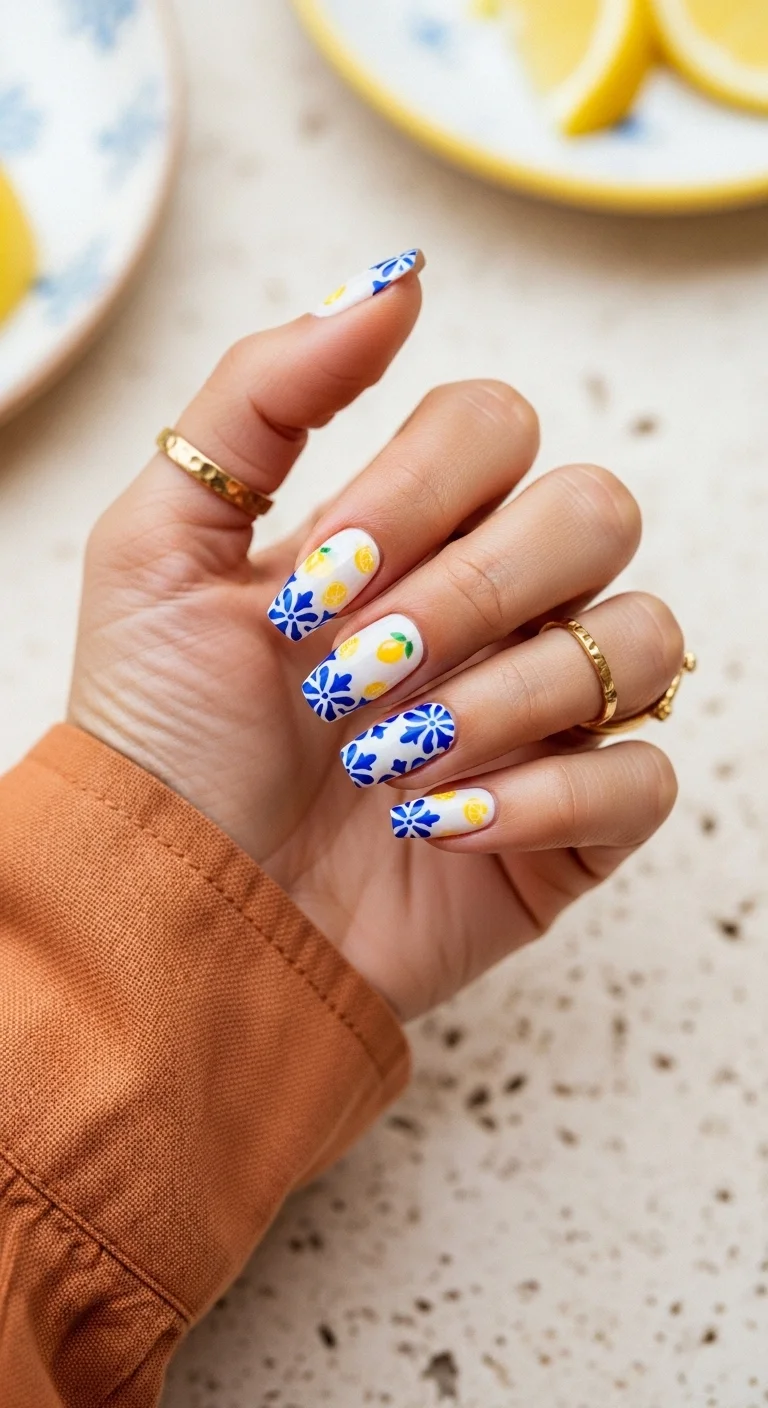 Coffin nails with white base featuring blue Mediterranean tile patterns and tiny lemons.