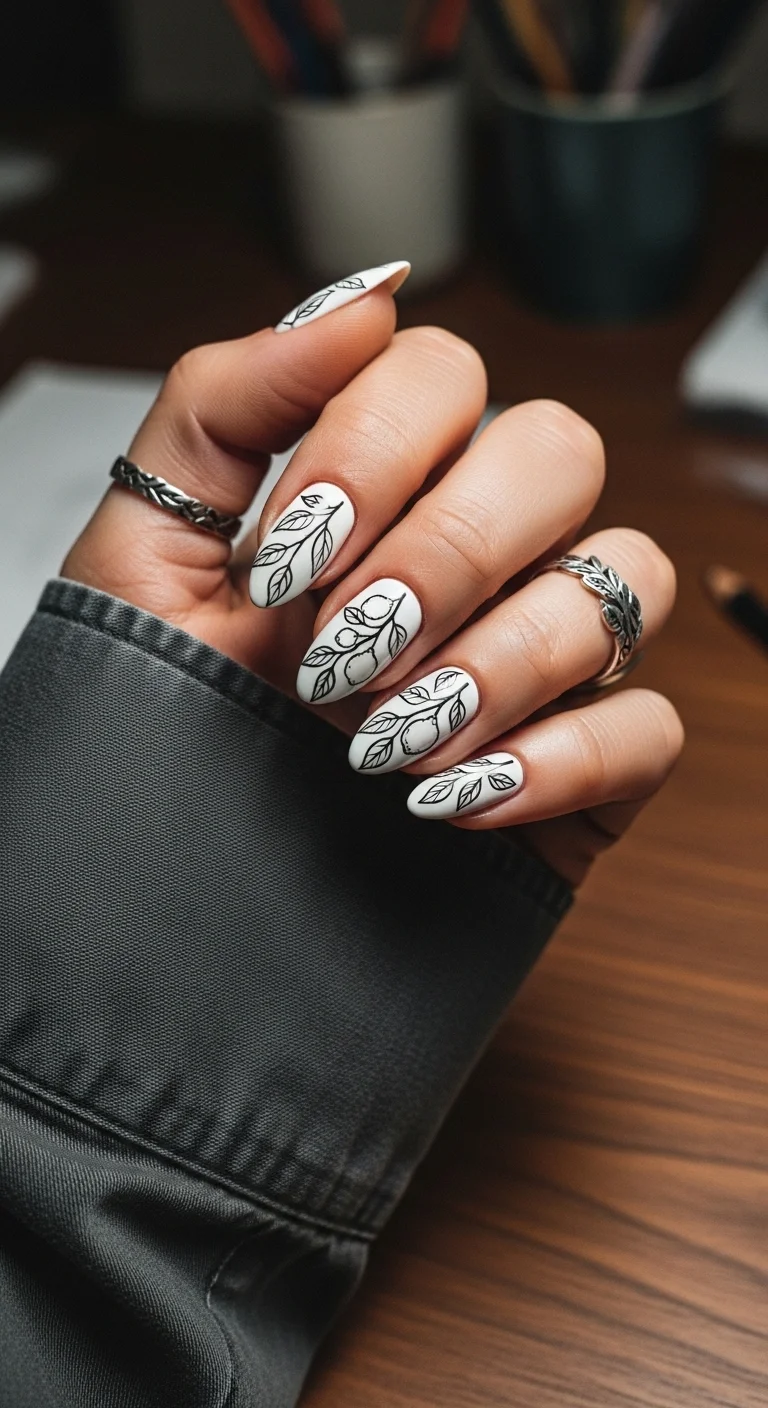 Almond nails with a stark white base and black line-art lemons and leaves.