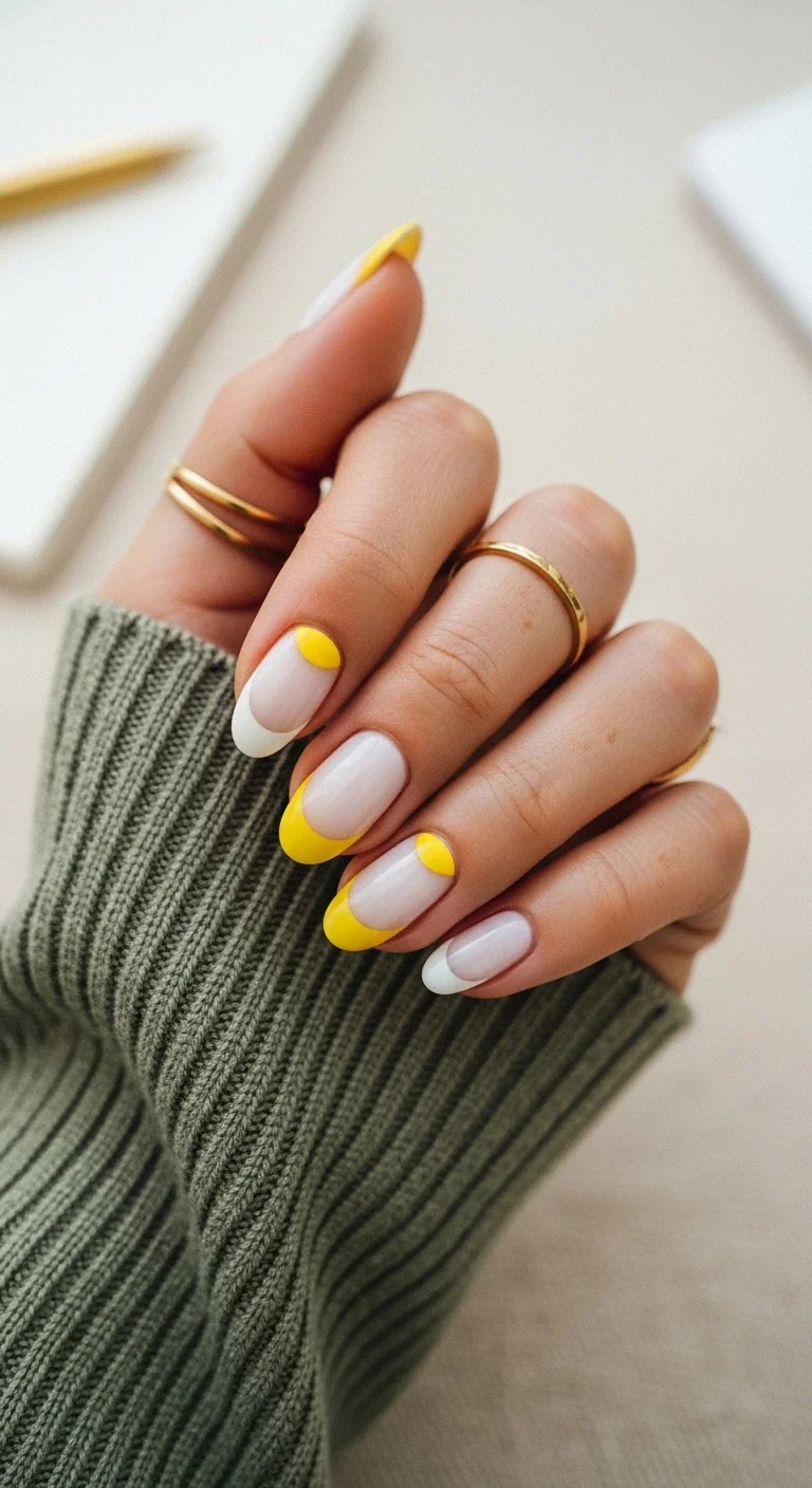 Almond nails with a sheer base featuring yellow half-moons at the cuticle and yellow French tips.