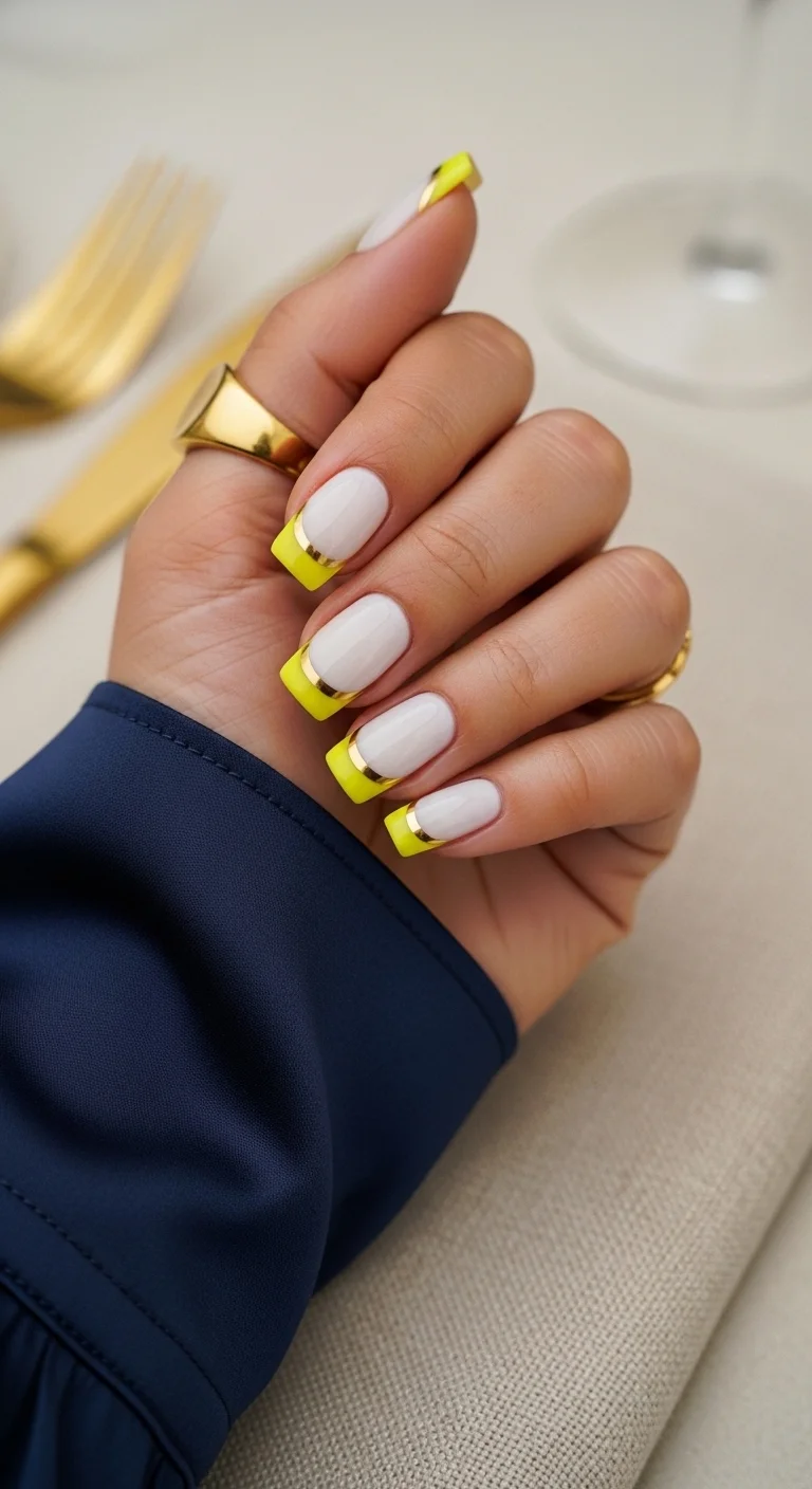 Square nails with neon yellow French tips and a thin gold chrome striping detail.