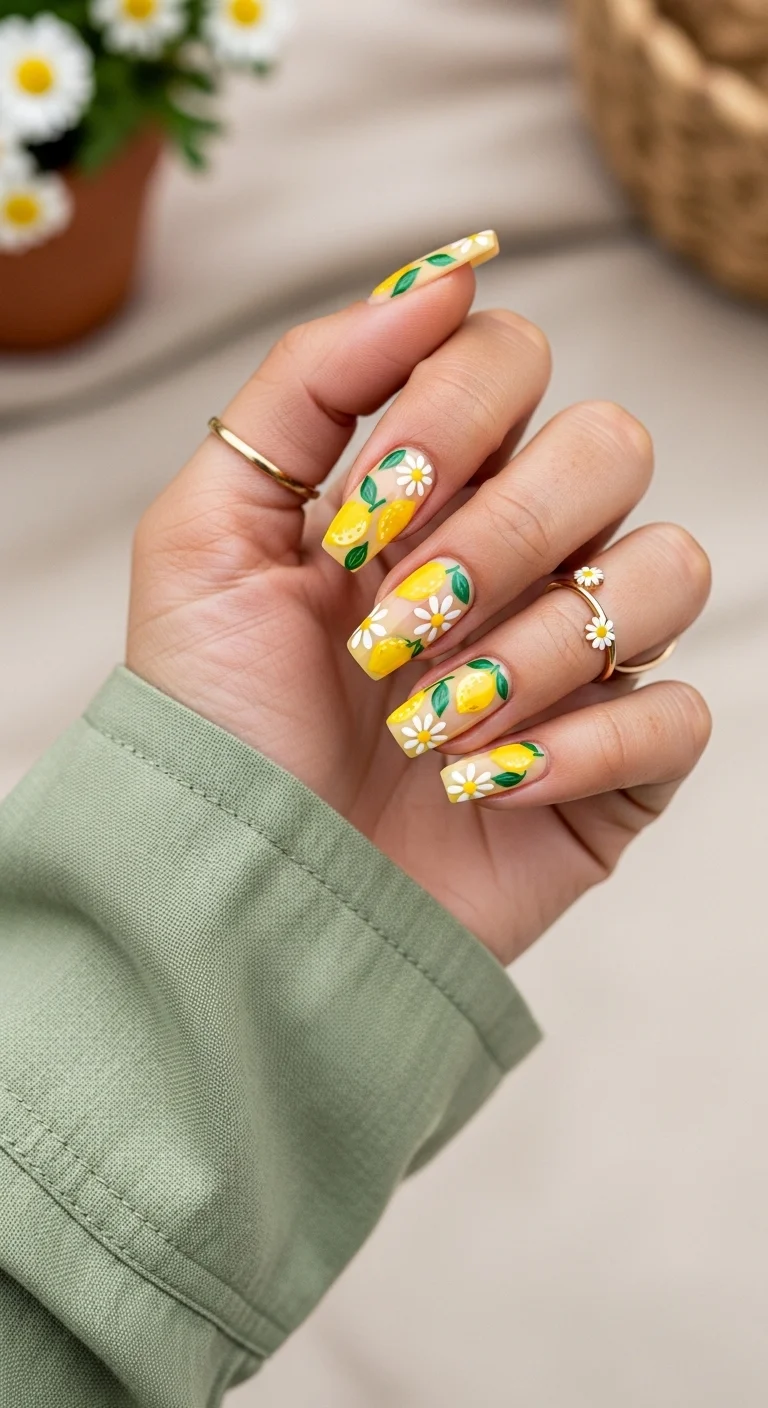 Coffin nails with a soft yellow base featuring hand-painted daisies and lemon clusters.