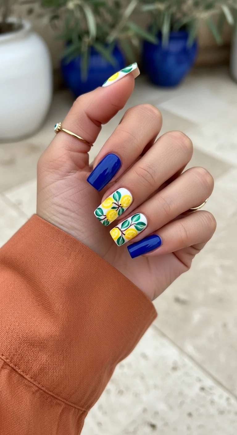 Square nails with deep royal blue polish and accent nails featuring lemons on branches over a white base.