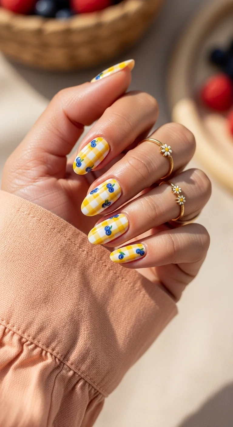 Almond nails featuring a yellow and white gingham pattern with tiny blueberries painted on top.