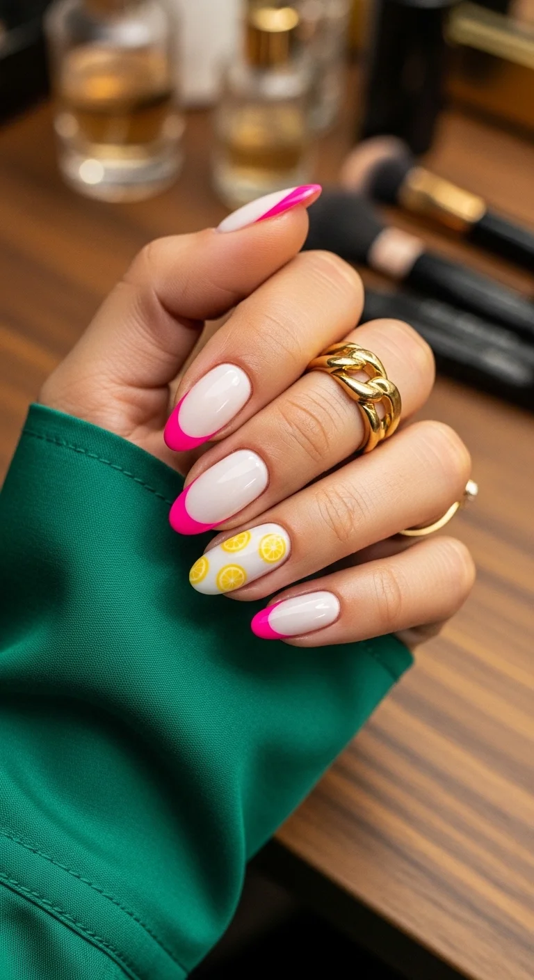 Long almond nails with hot pink French tips and a white accent nail featuring lemon slices.