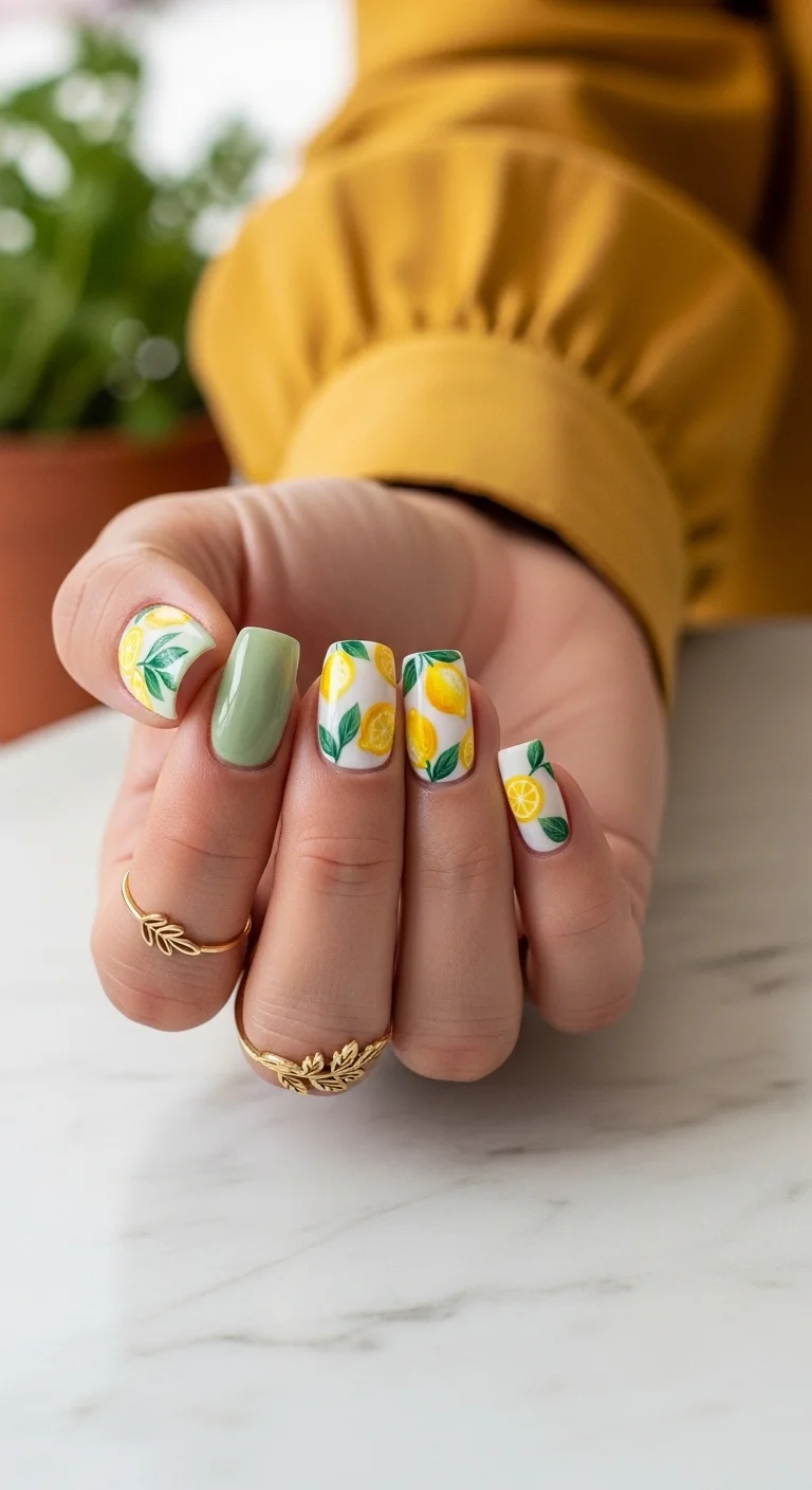 Square nails with sage green polish and accent nails featuring lemons on branches over a white base.