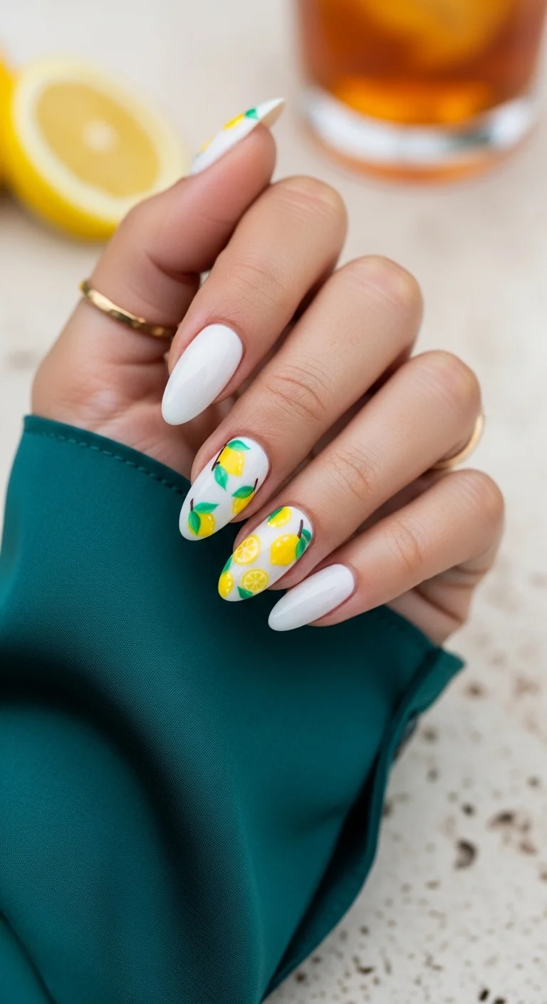 Almond nails with a stark white base and clusters of lemons and leaves on the middle fingers.
