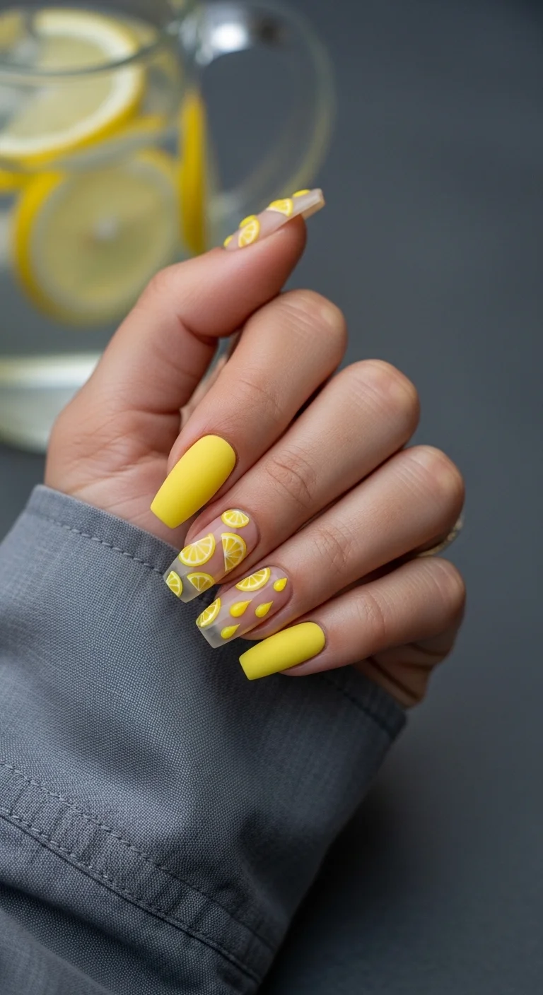 Coffin nails with a mix of solid matte yellow and clear nails featuring 3D 'juice' drops and lemon slices.