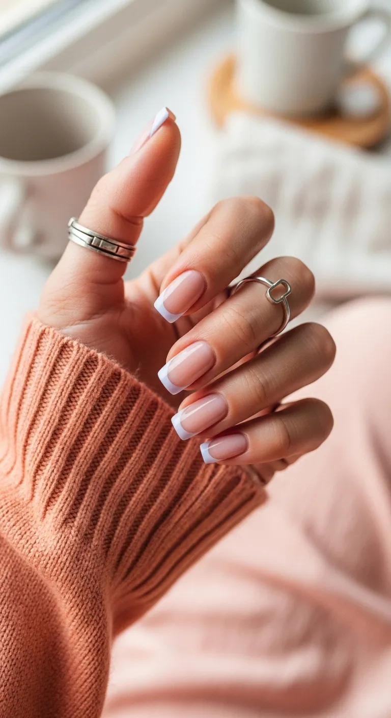 Nude nails with pale blue French tips