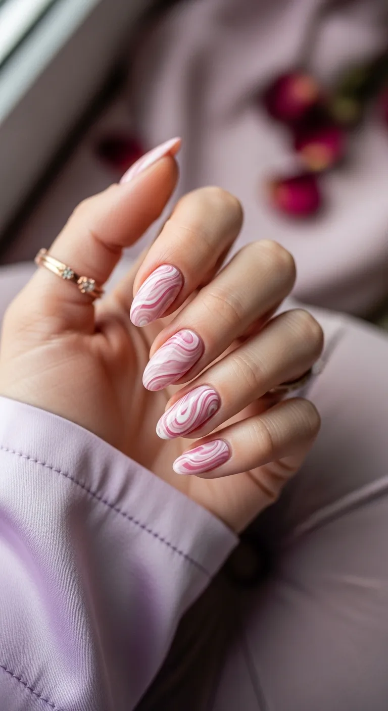 Long oval nails with pink and white swirl marble