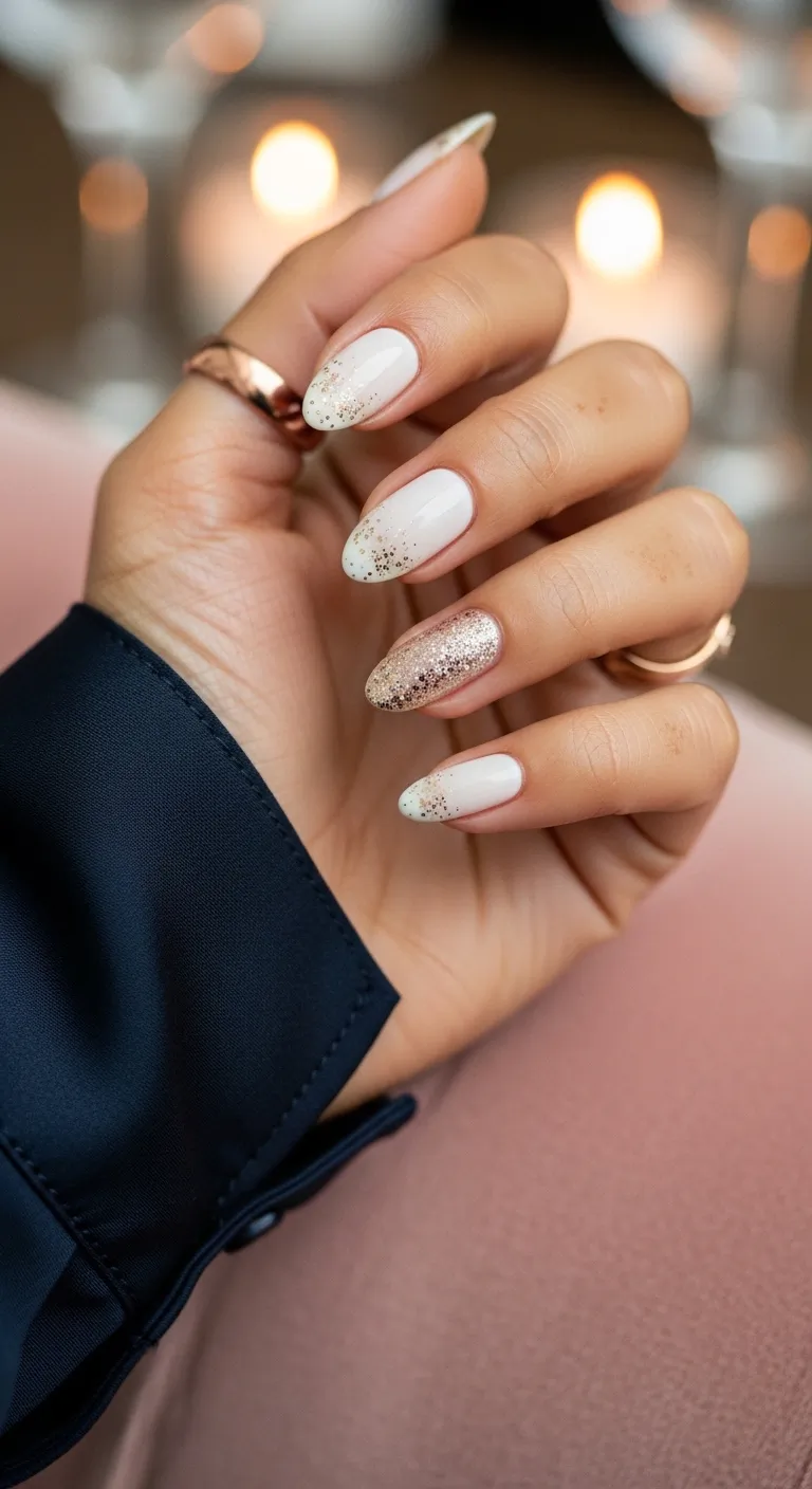 Creamy white nails with gold glitter gradient from the cuticle