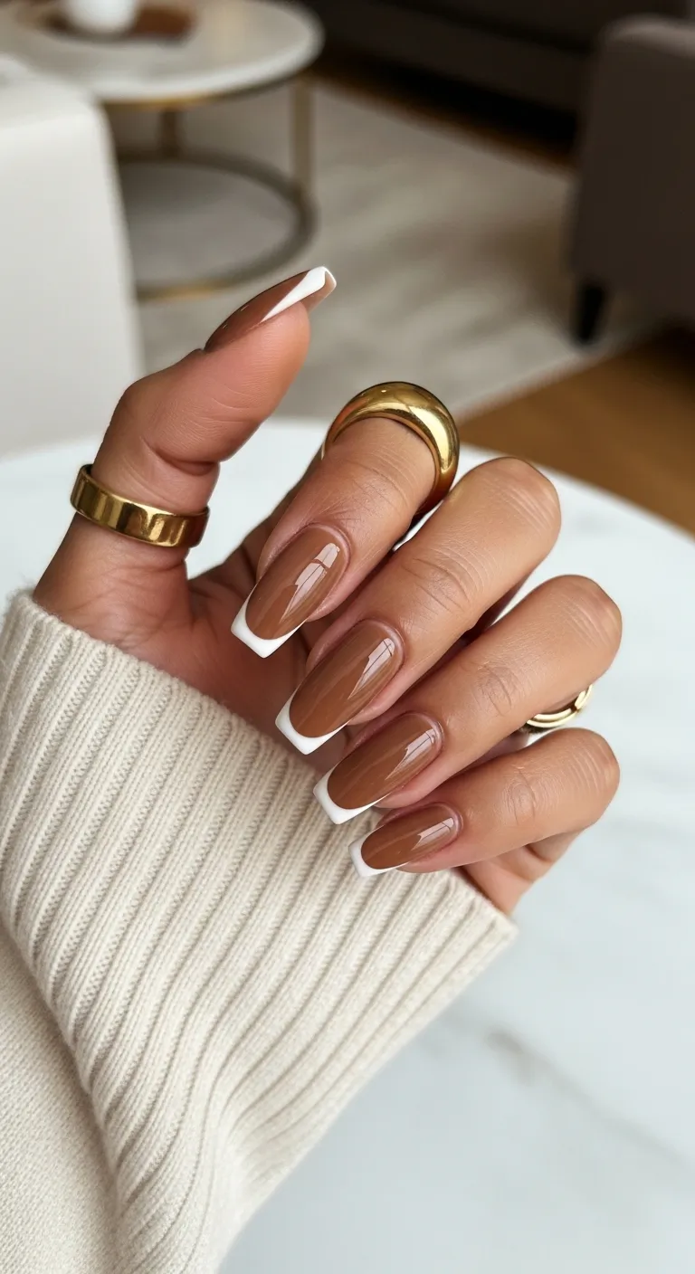 Rich caramel brown nails with white French tips
