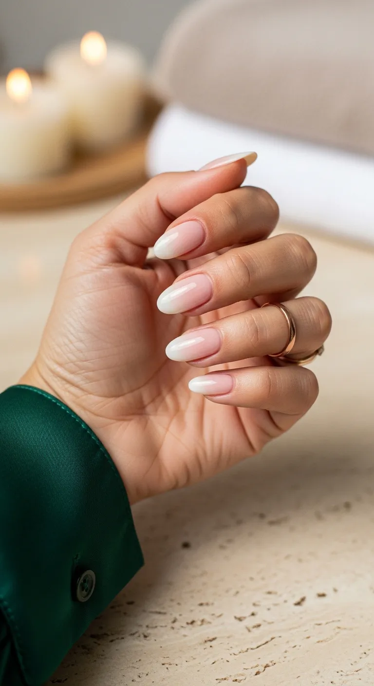 Pink-to-white ombre nails on an oval shape