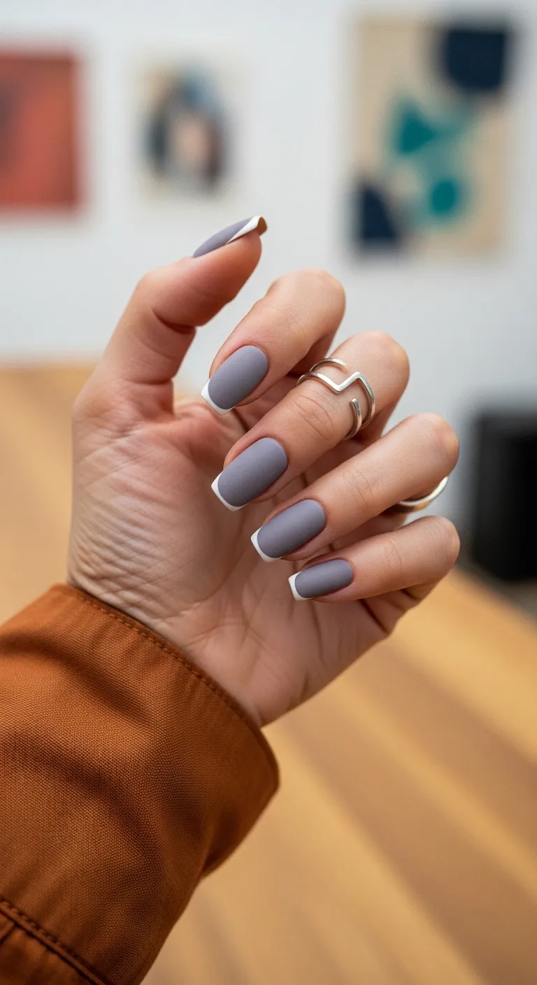 Matte grey nails with white French tips