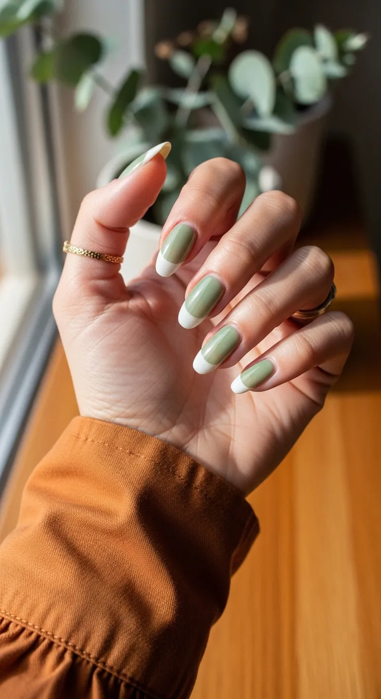 Nude nails with sage green French tips
