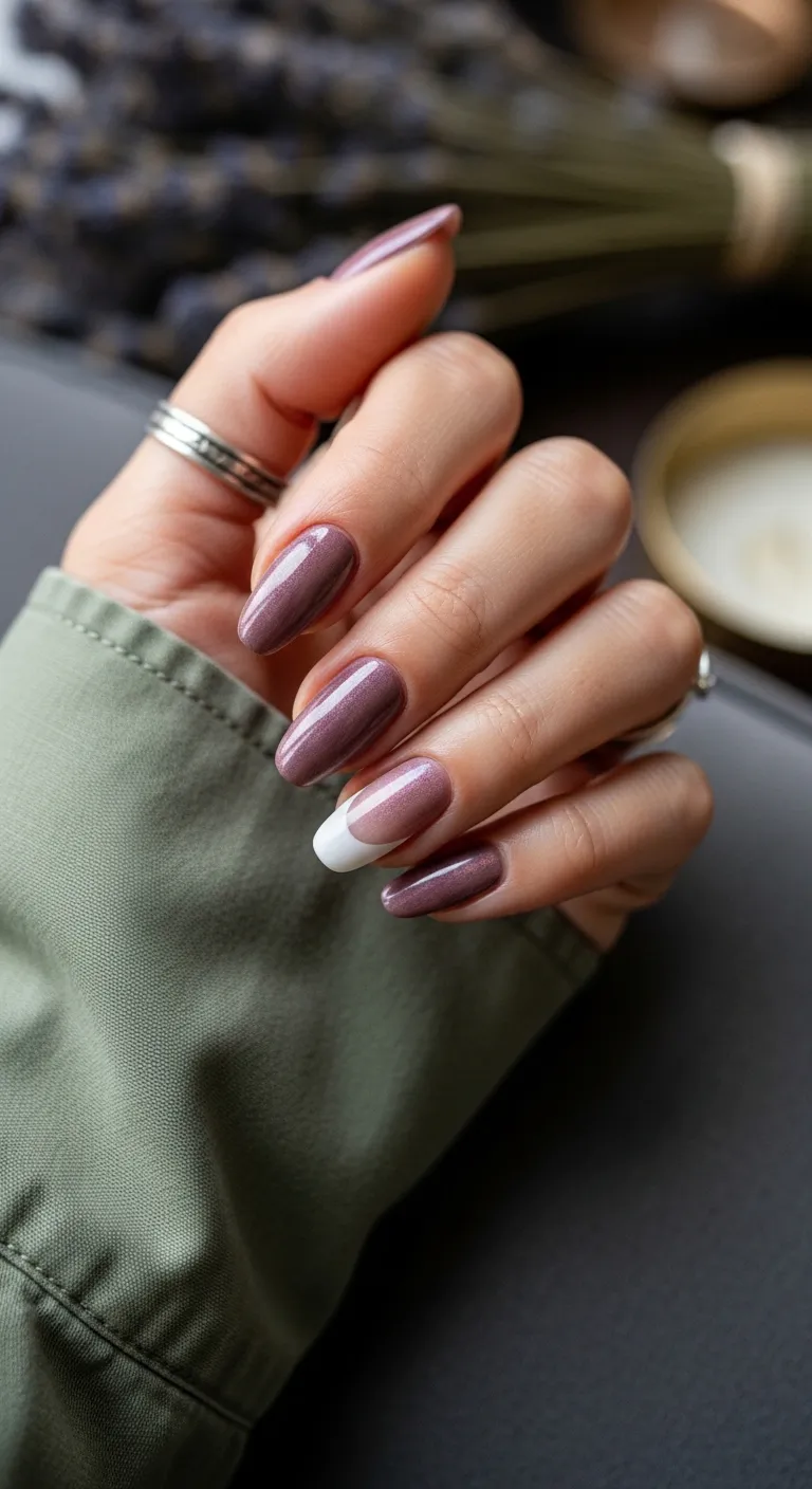 Shimmery mauve nails with one white French tip accent nail