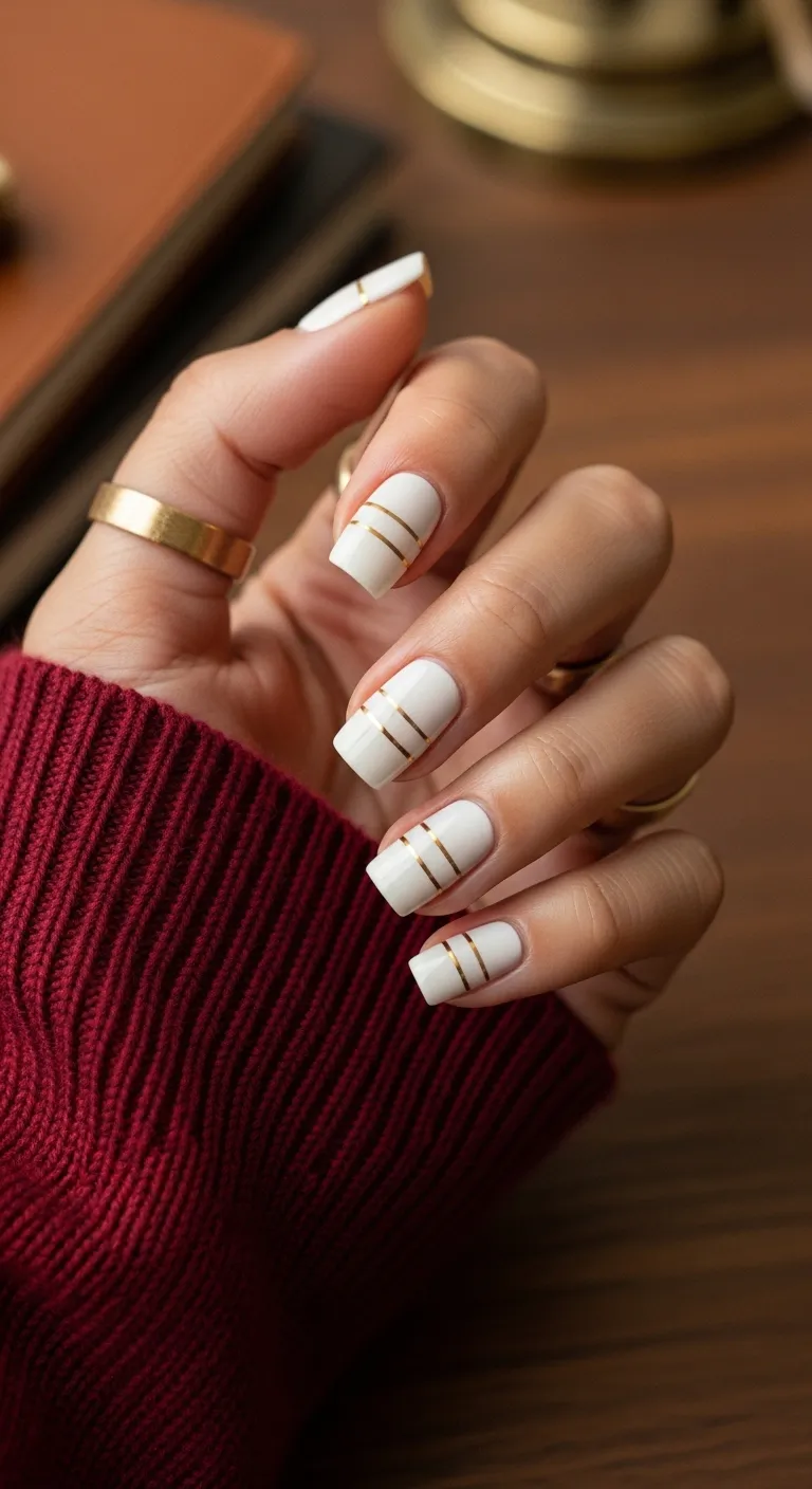 White nails with thin horizontal gold metallic stripes