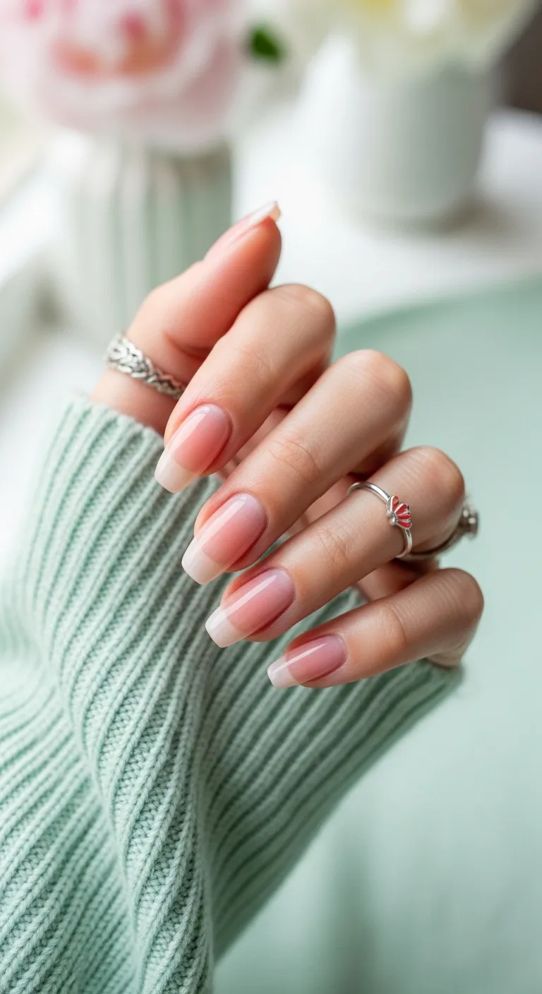 Natural pinkish-white ombre nails with a subtle glaze