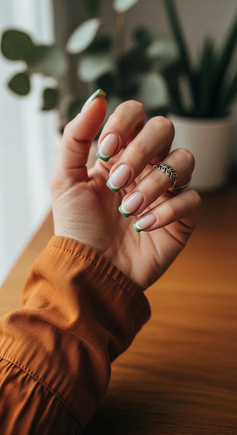 Nude nails with double sage and white French tips