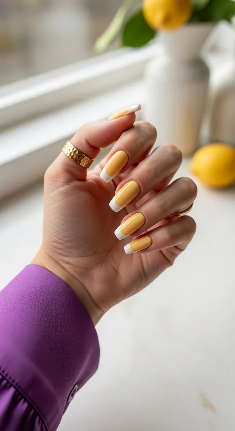 Mustard yellow nails with white French tips