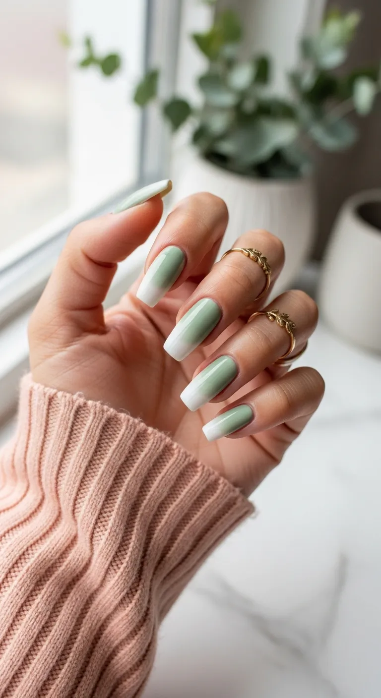 Long square nails with a green-to-white vertical ombre