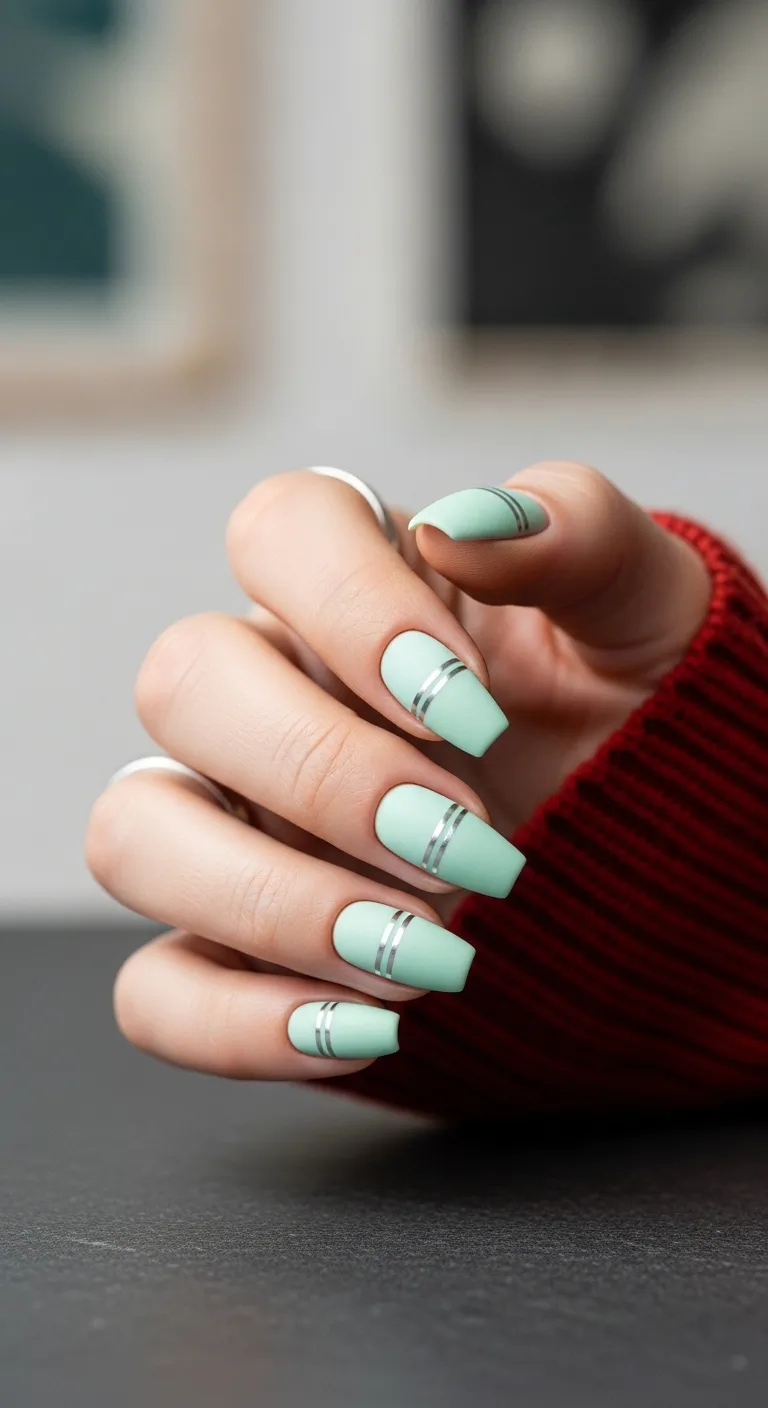 Matte mint green nails with horizontal silver stripes