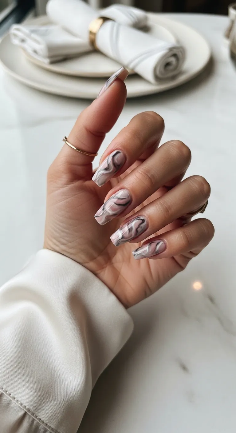 Long square nails with black, white, and pink marble swirl art