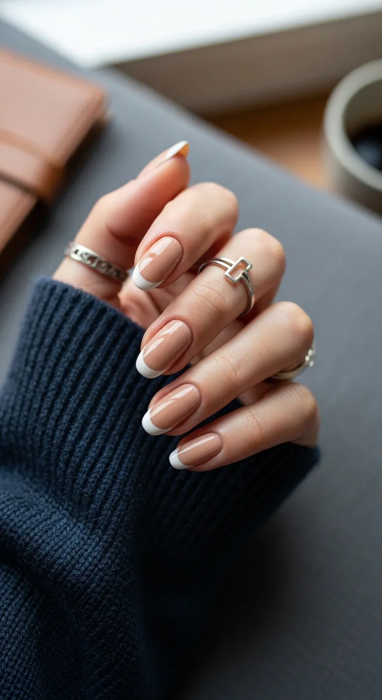 Nude nails with white French tips on oval shape