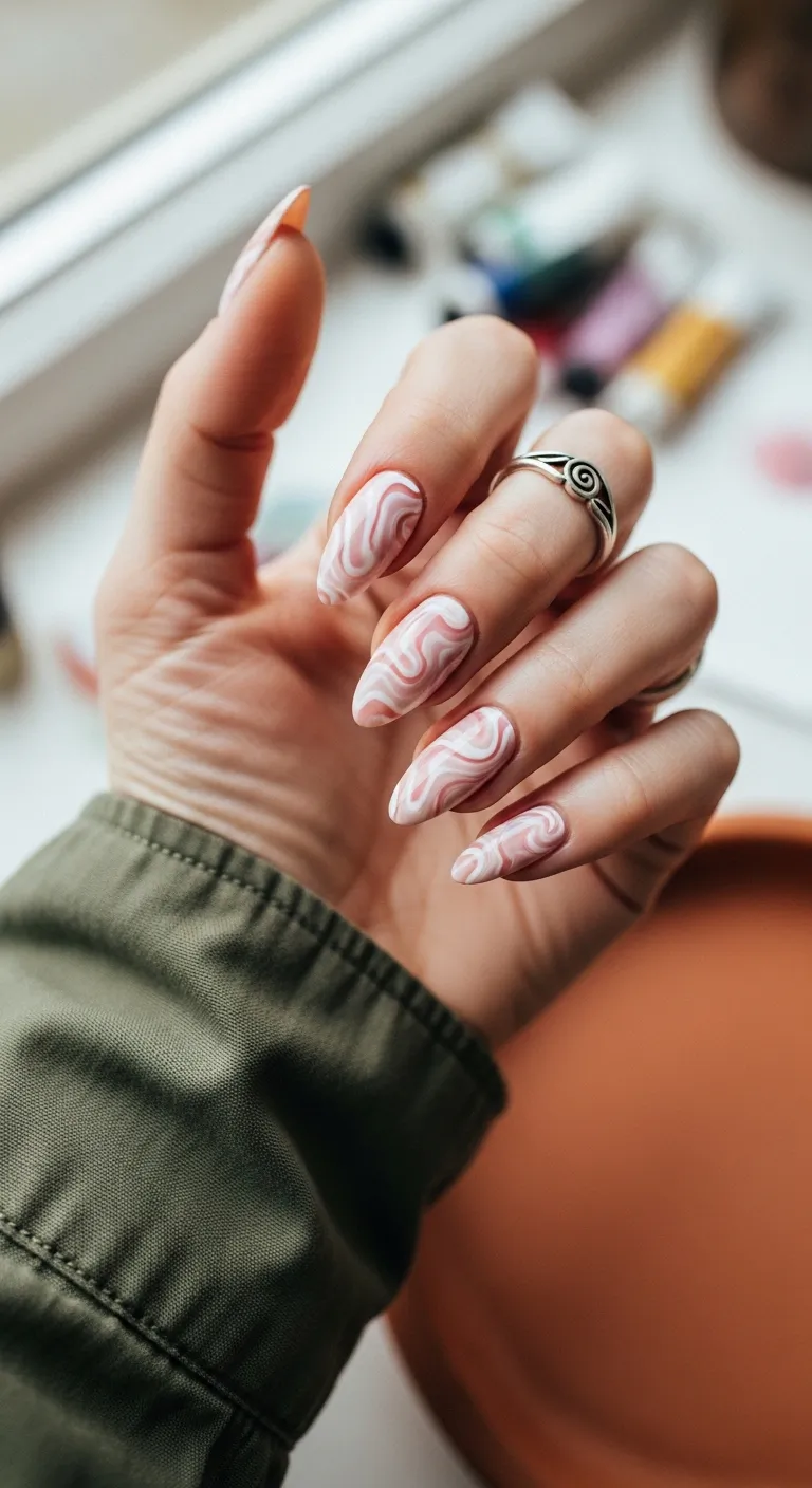 Long almond nails with pink and white fluid swirls
