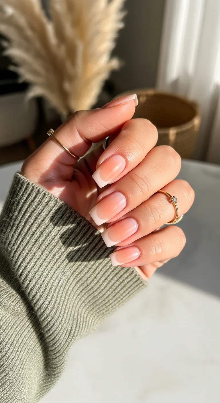 Peach-to-white ombre nails on a square shape