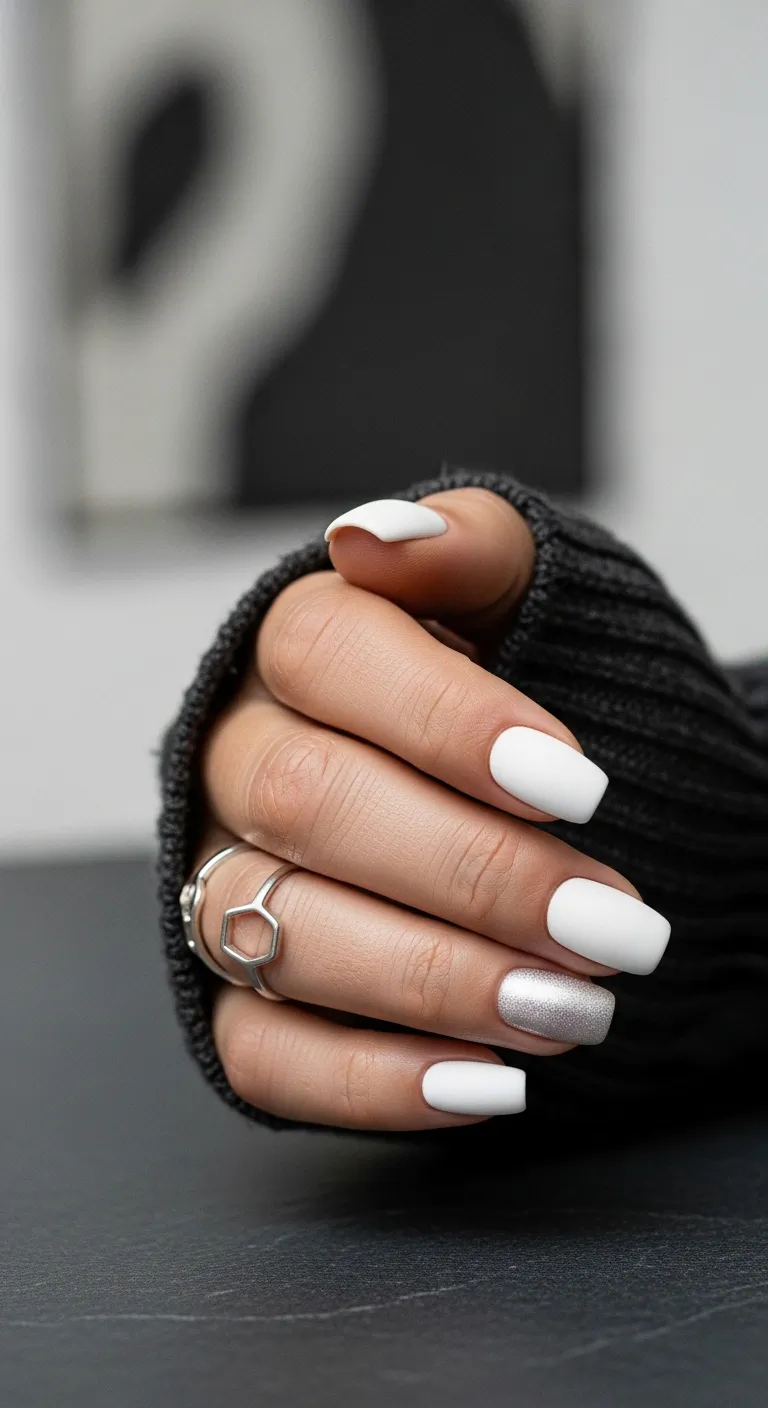 Matte white nails with one silver glitter accent nail