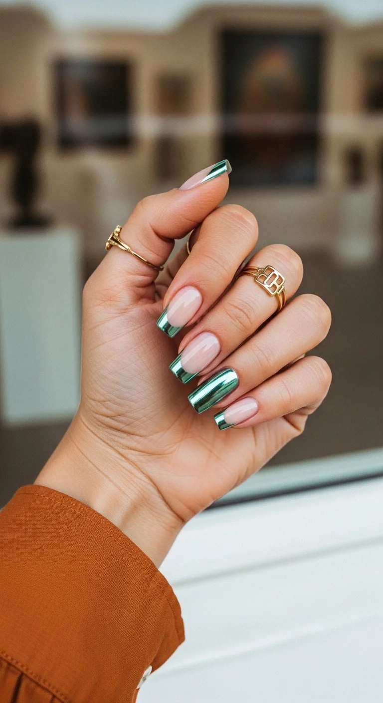 Long square nails with mint green metallic French tips and a full metallic accent nail.