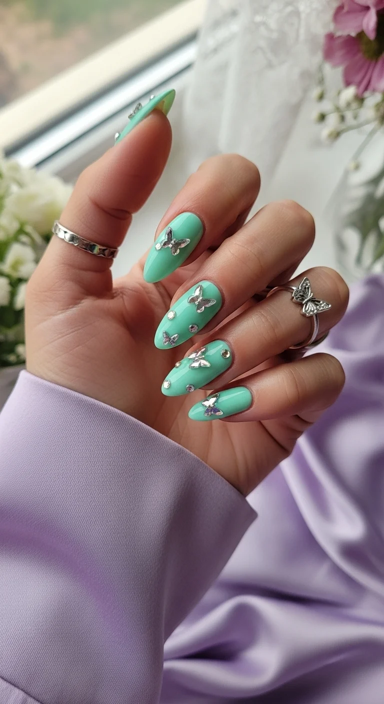 Almond nails in mint green with 3D silver butterfly charms and tiny rhinestones.
