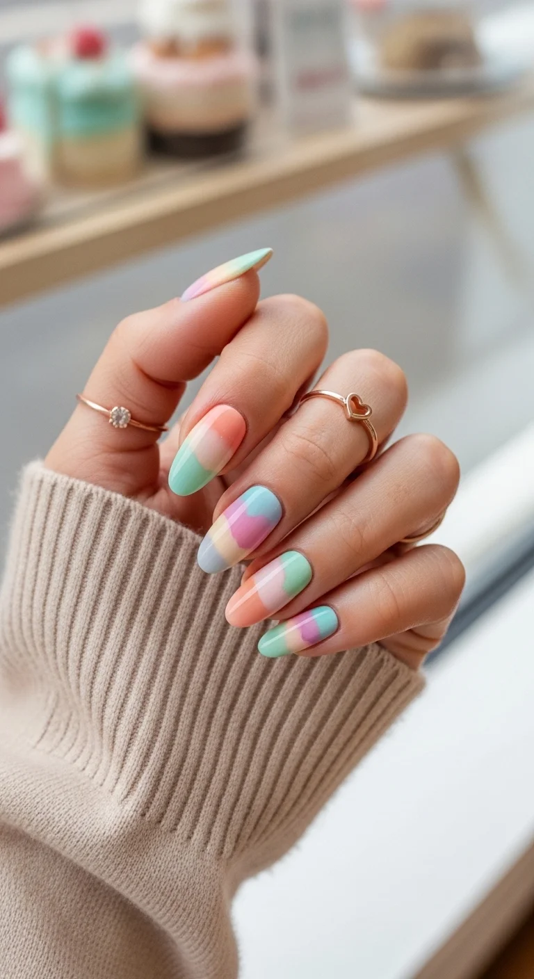 Almond nails with abstract watercolor blobs in mint, peach, and lavender.