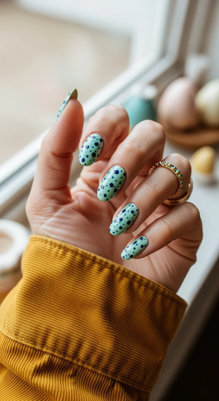 Almond nails in mint green with scattered navy blue and dark green polka dots.