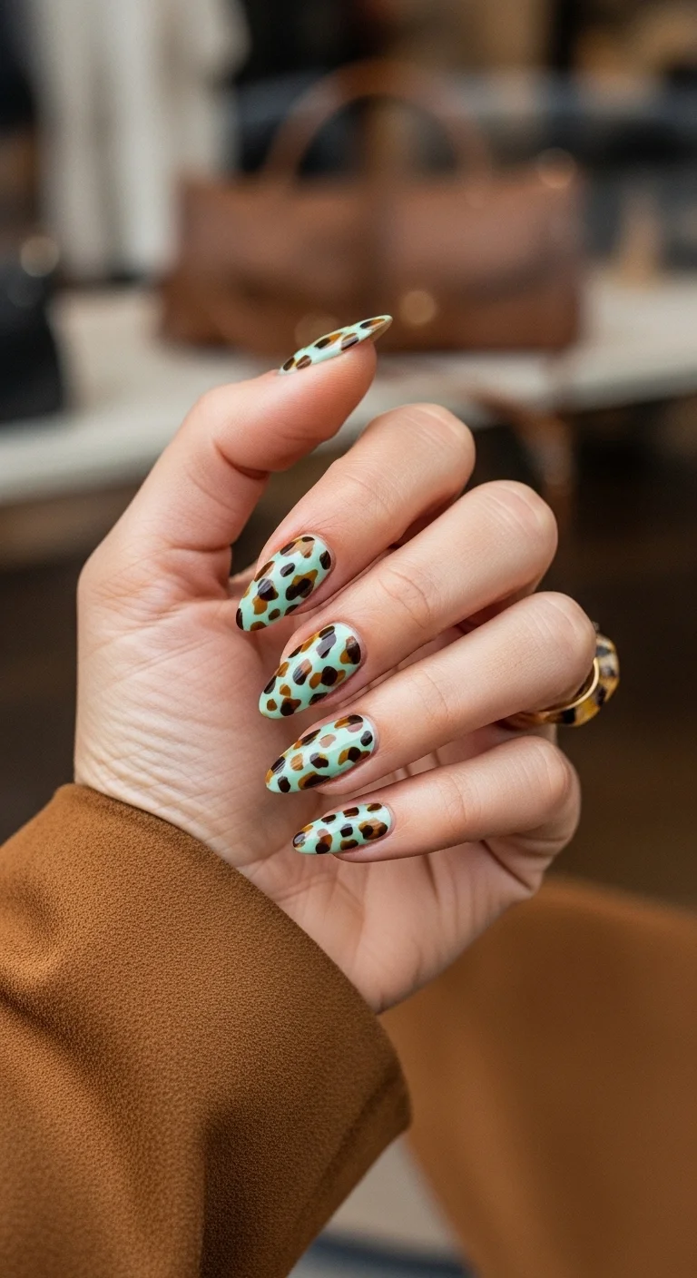Almond nails in mint green with traditional brown and black leopard print.