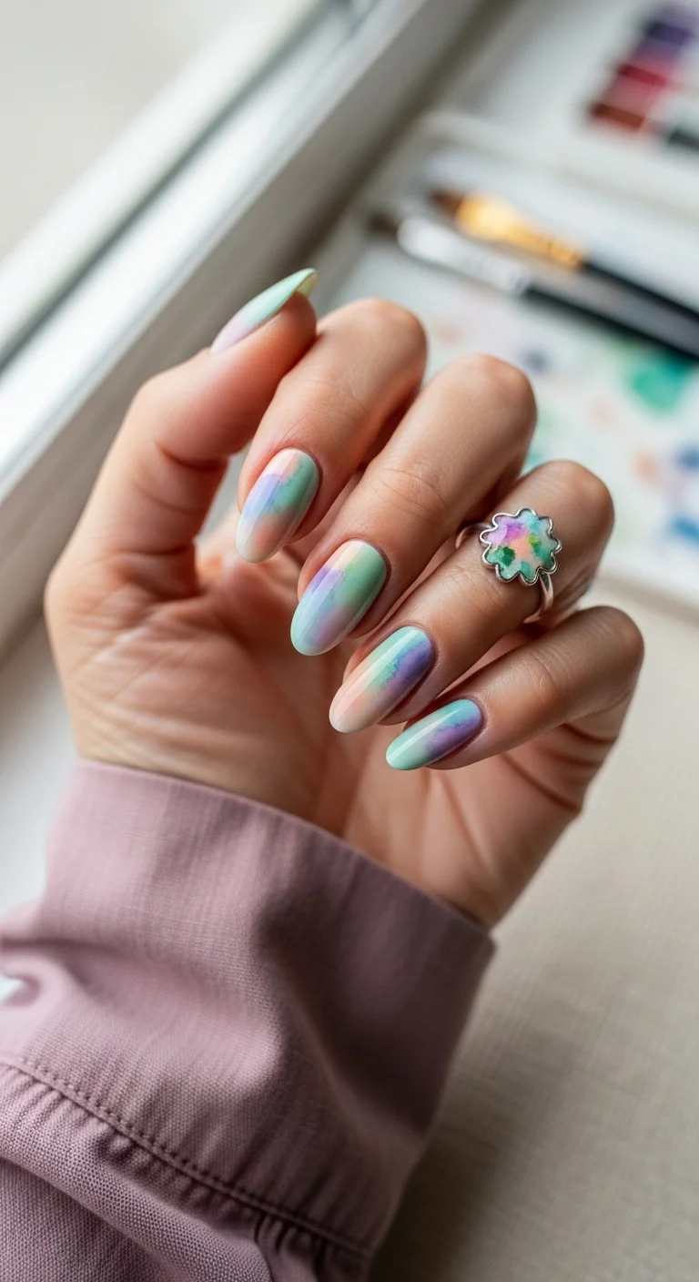 Almond nails with a misty, ethereal watercolor blend of mint, purple, and blue.