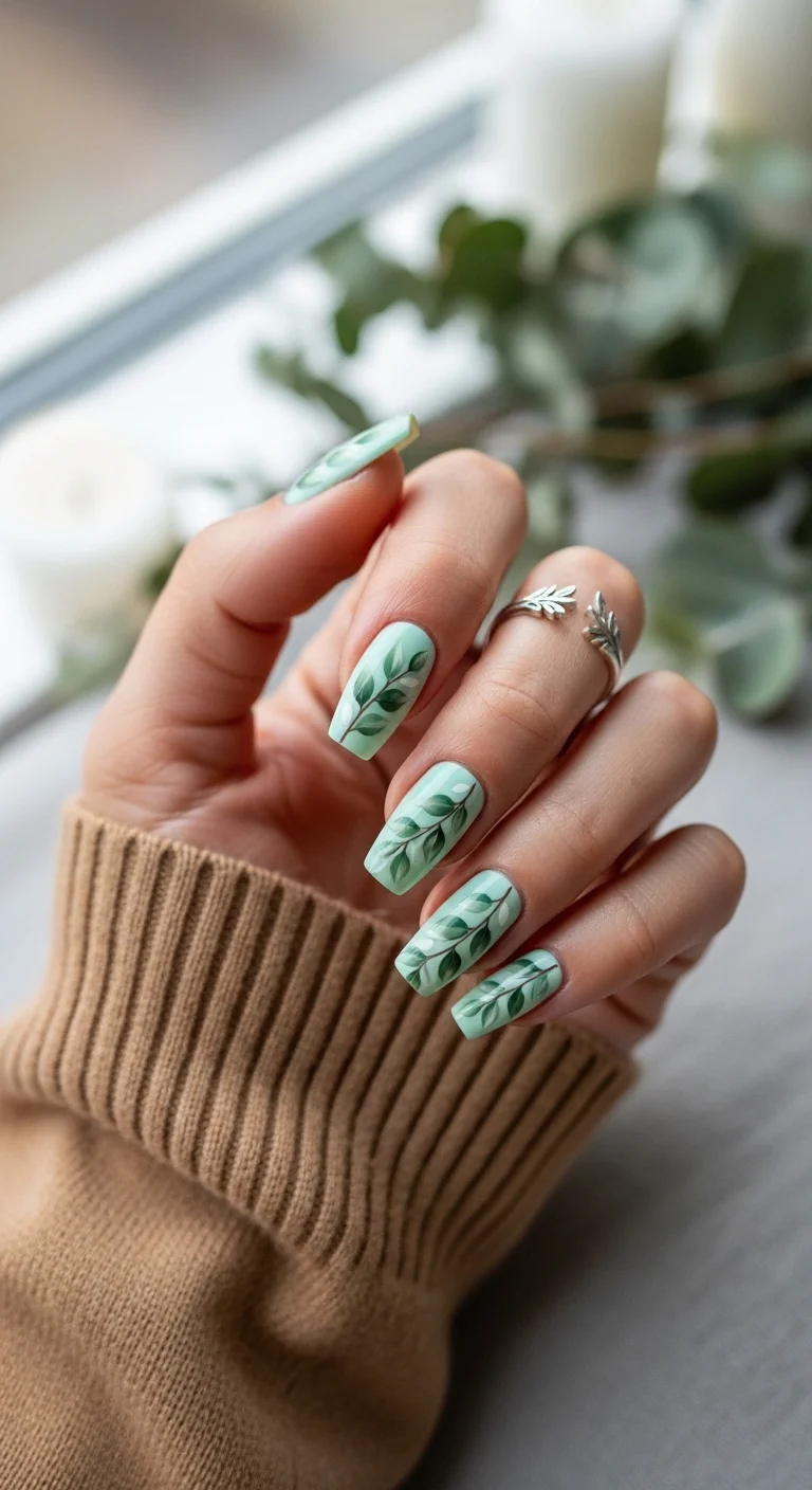 Long square nails in mint green with hand-painted dark green botanical leaves.
