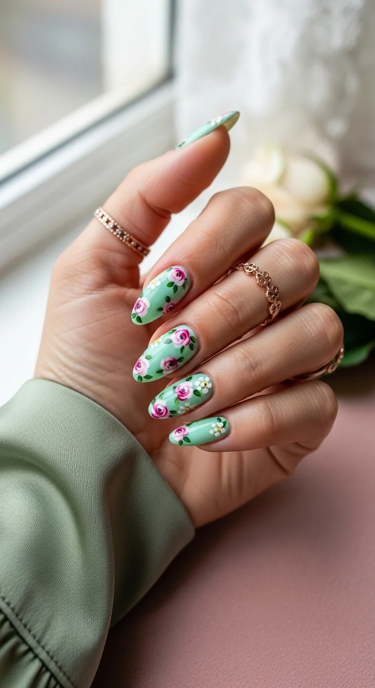 Almond nails in mint green with hand-painted pink roses and white accents.
