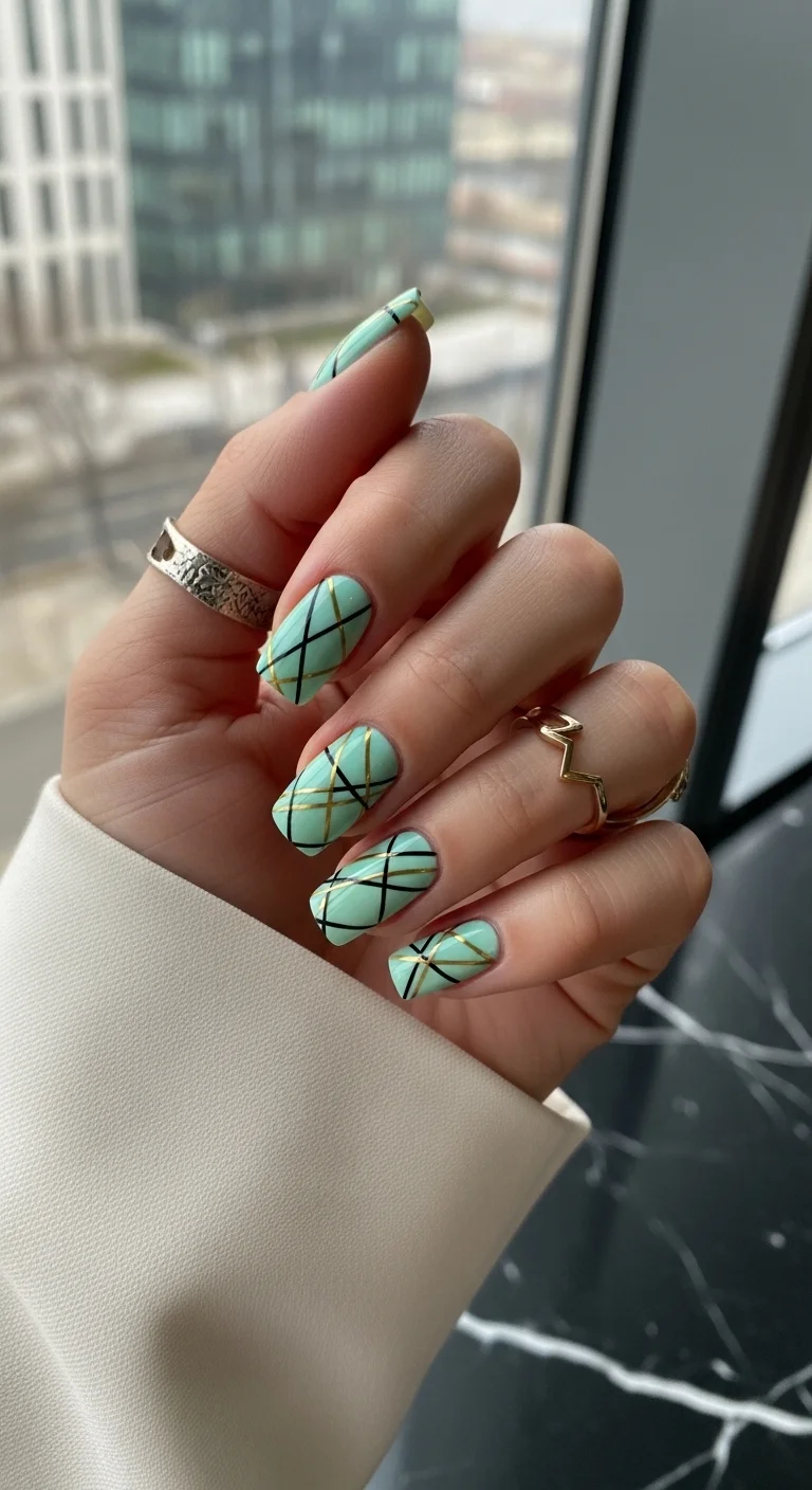 Square nails in mint green with a black and gold geometric grid pattern.