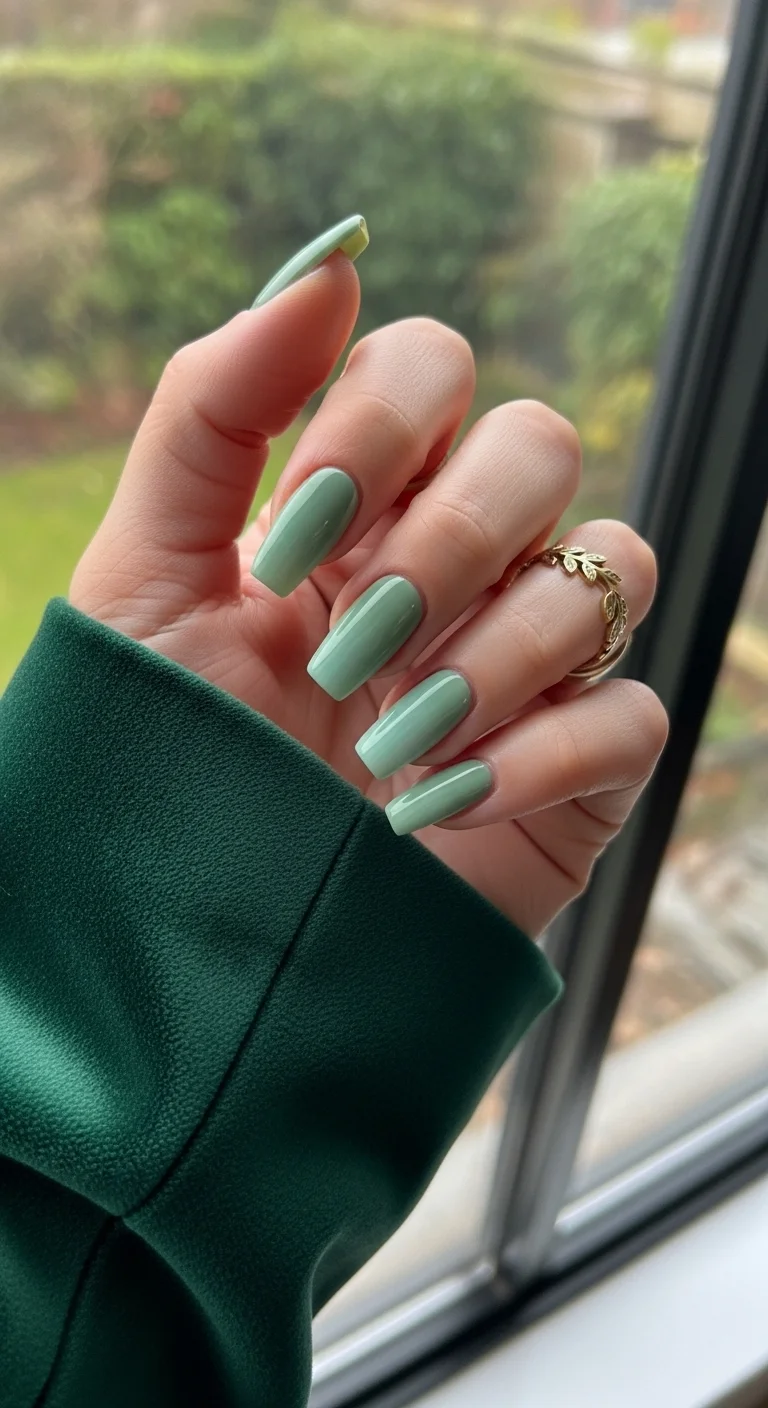 Long square nails in a solid, creamy sage-mint green color.