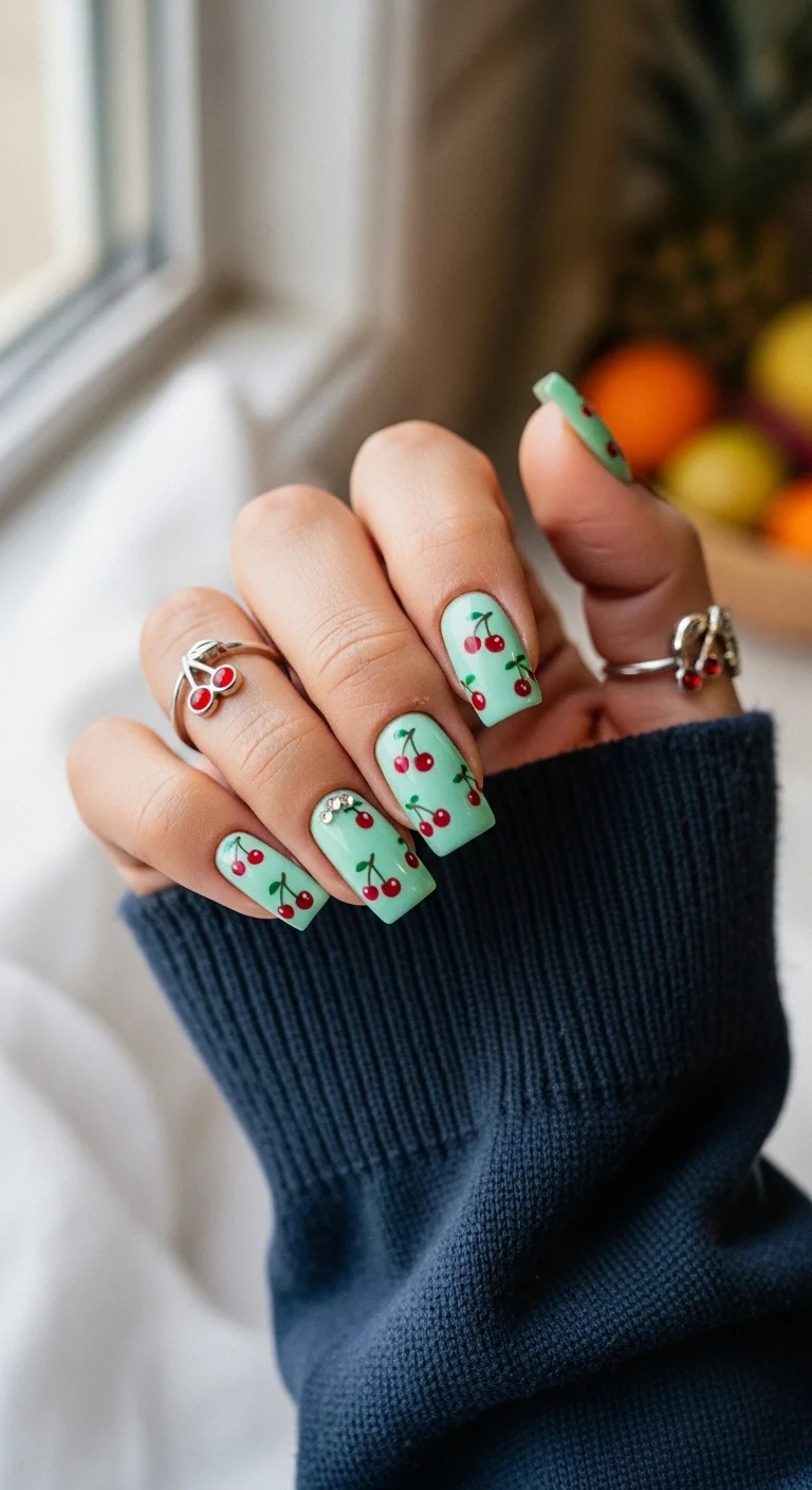 Short square nails in mint green with hand-painted red cherries.