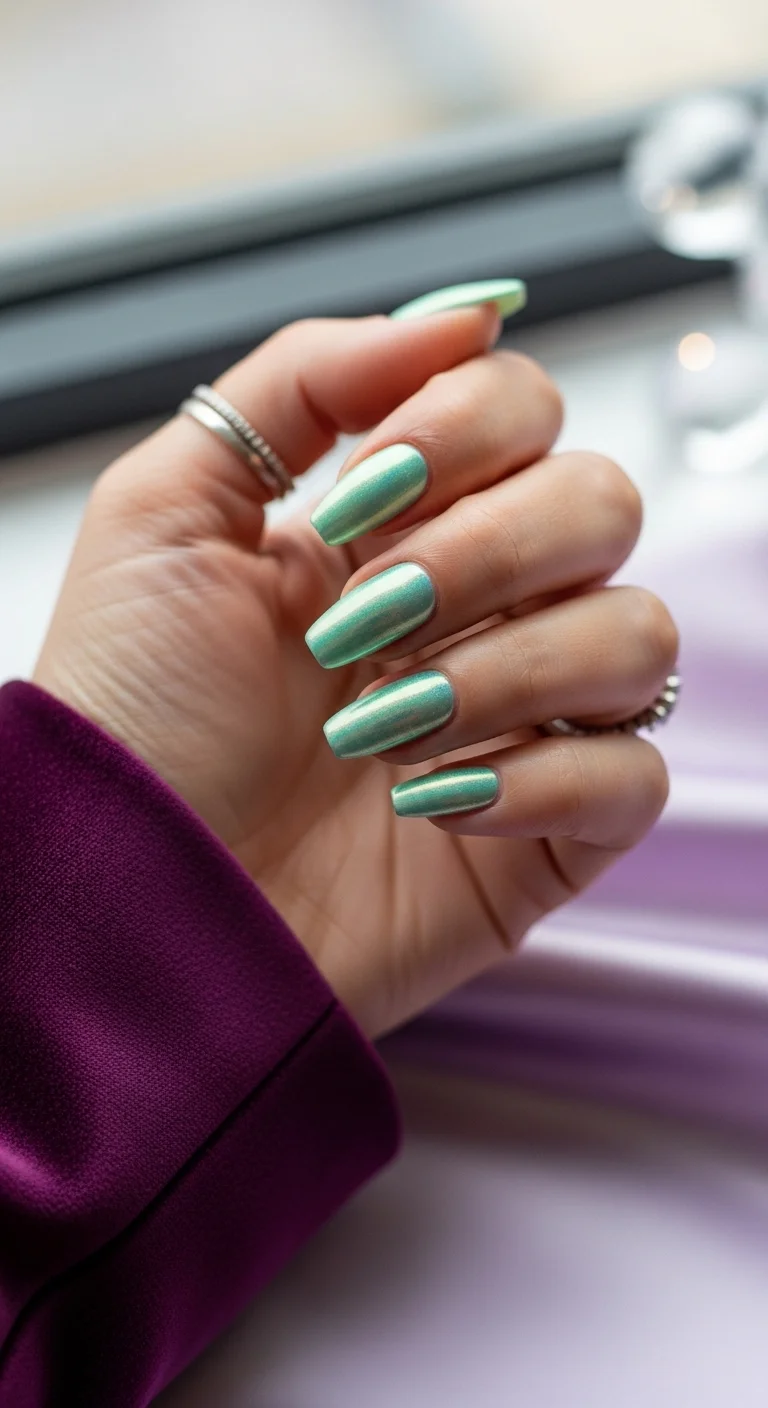 Long coffin nails with a shimmering, iridescent mint green finish.