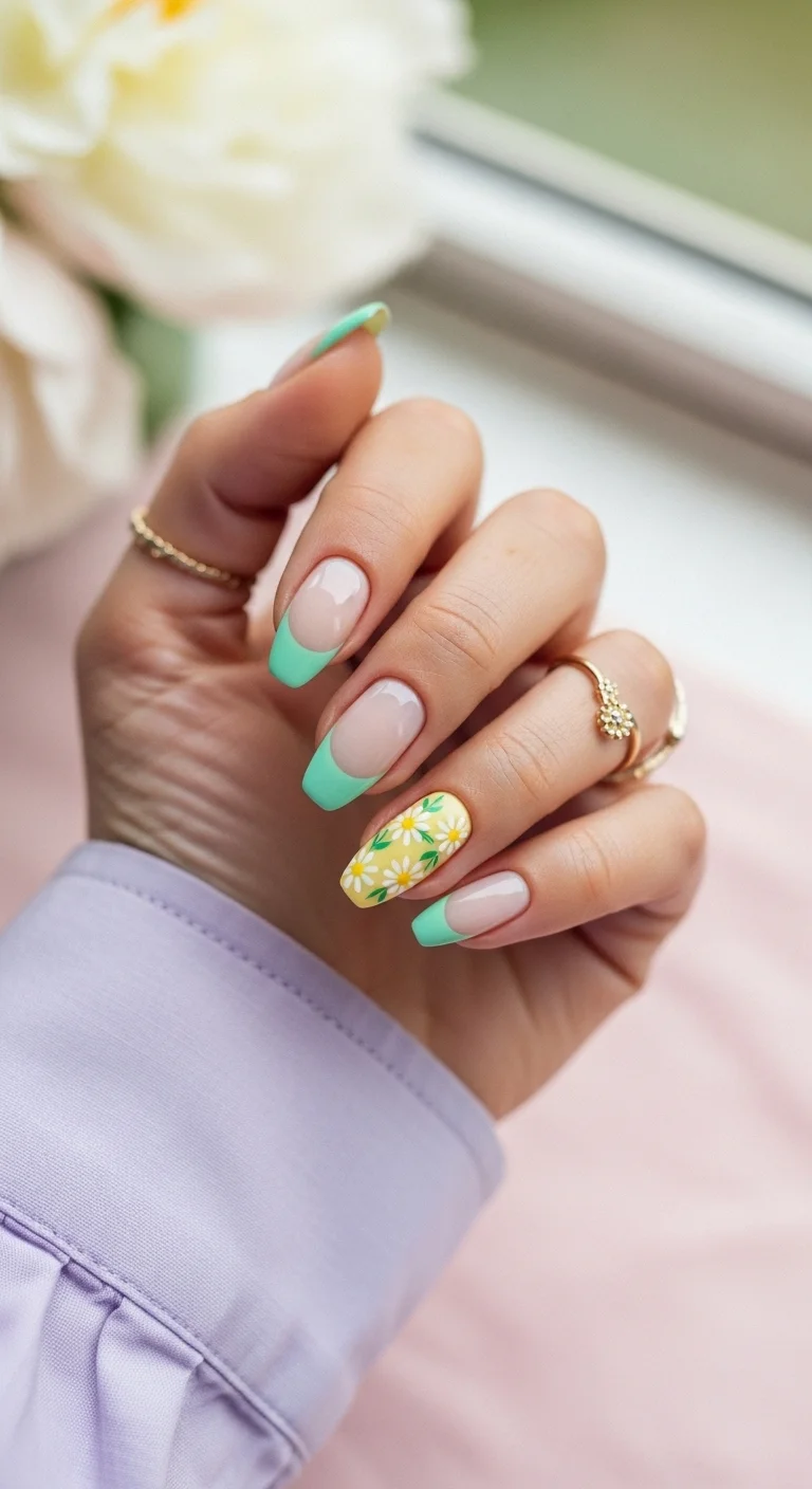 Long square nails with mint French tips and one yellow daisy accent nail.