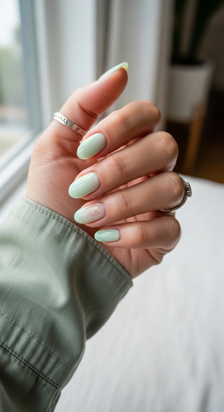 Almond nails in a very pale, milky mint green with a soft gloss finish.