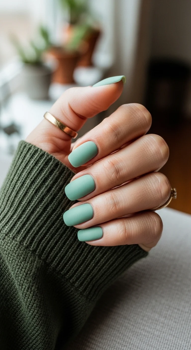 Short square nails in a solid matte mint green color.